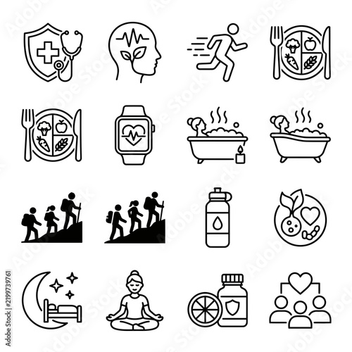 Comprehensive collection of health and wellness icons showcasing balanced nutrition physical activity mindfulness relaxation and medical care symbols