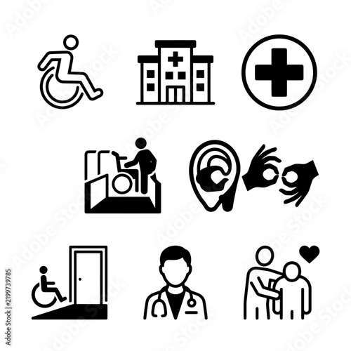 Comprehensive Healthcare Accessibility and Disability Support Icon Set for Medical Facilities and Inclusive Design Integration