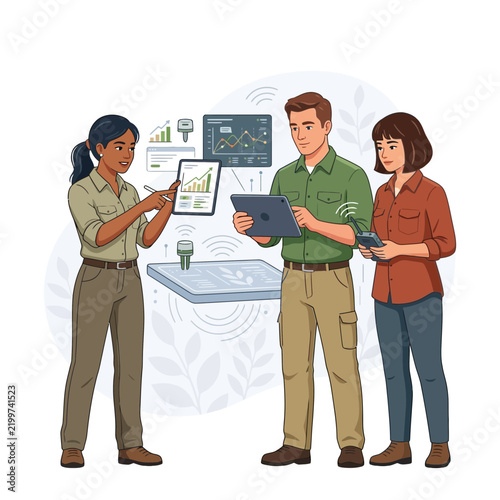 Diverse Team Discussing Smart Agriculture Technology and Data Analysis on Tablets