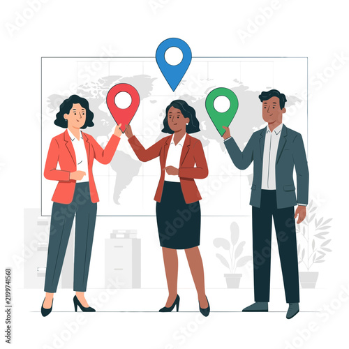 Diverse team holding location pins in front of world map illustration, global business concept.
