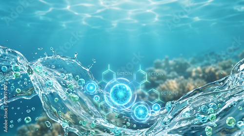 Underwater Ocean Water Wave with Glowing Ectoin Molecular Structure and Microbubbles for Marine Skincare Concept
