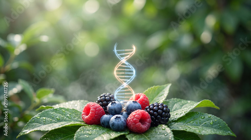 Fresh Mixed Berries on Green Foliage with Glowing DNA Helix for Plant Genetics and Agricultural Biotechnology Concept