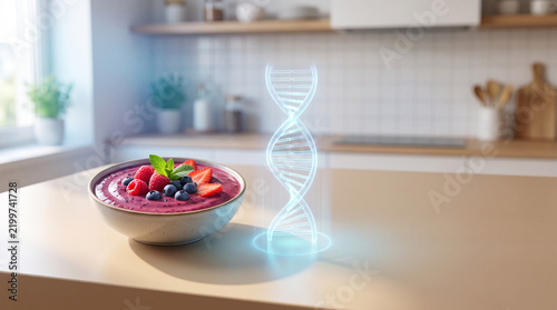 Fresh Berry Smoothie Bowl Paired with Glowing DNA Hologram on Modern Kitchen Countertop for Personalized Nutrition Concept