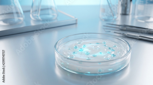Hydrating Skincare Cream in Glass Petri Dish with Glowing Hyaluronic Acid Molecules on Laboratory Bench for Dermatology Concept