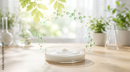 White Skincare Cream in Glass Petri Dish with Botanical Extract Molecules in Bright Laboratory for Natural Cosmetic Concept