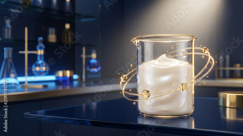 Restorative Skincare Cream in Laboratory Glass Beaker with Orbiting Golden Ceramide Molecules for Advanced Cosmetic Research