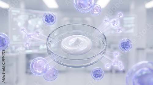 White Skincare Cream in Petri Dish with Futuristic Exosome Vesicles and Molecular Structures in Laboratory Setting