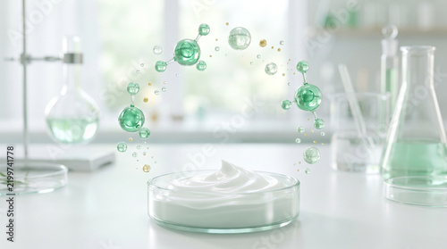 White Skincare Cream in Glass Dish with Green Botanical Extract Molecules in Modern Laboratory Setting