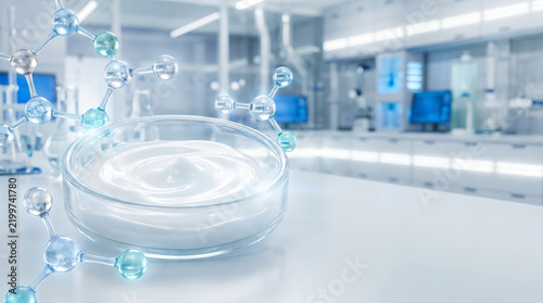 Luxurious Skincare Cream in Transparent Petri Dish with Peptide Molecules on Clean Laboratory Table for Dermatology Concept