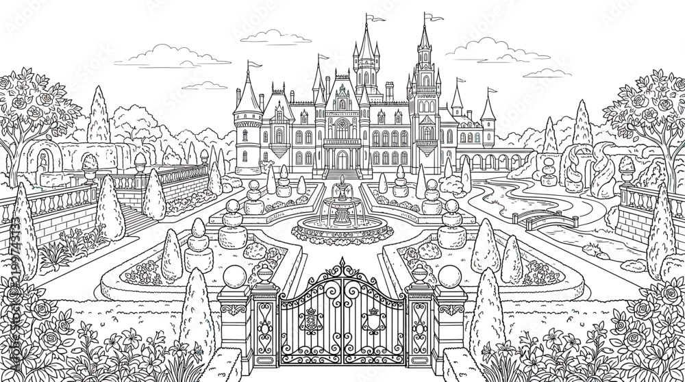 Obraz premium Intricate Castle and Garden Line Art
