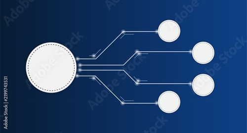 modern technology flowchart vector with a central node connected to four circular data points, featuring glowing lines on a blue background, ideal for business process, network, workflow, and digital 