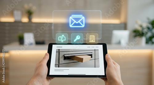Close up of Person Holding Tablet using Smart Delivery App to Track Package in Automated Locker with Digital Holographic Interface and Icons