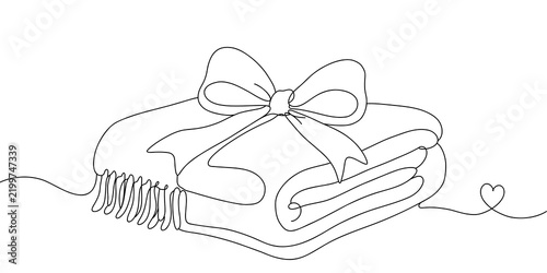Continuous Line Art of Folded Cozy Blanket with Ribbon Bow and Heart Single Line Vector Illustration