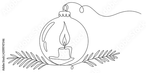 Continuous Line Drawing of Christmas Bauble with Burning Candle and Pine Branch Minimalist Festive Illustration