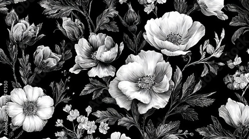 Intricate vintage-inspired watercolor and graphic floral seamless pattern, delicate rose illustrations in pure black and crisp white, hand-painted botanical style with graphic design precision,