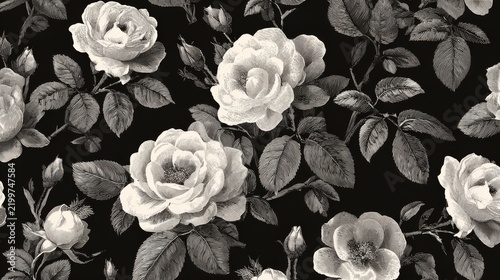 Classic monochromatic botanical pattern featuring stylized rose illustrations, vintage watercolor technique blended with graphic design elements, pure white and deep black color palette, precise
