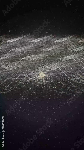 Abstract vertical animation of white digital waves and glowing particles moving across a dark starry background.