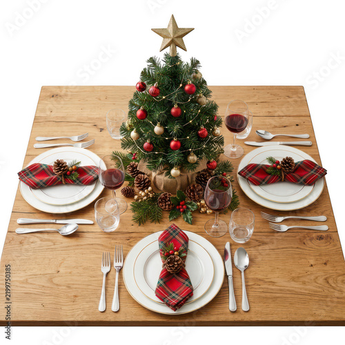 Christmas table setting with small tree and place settings isolated on transparent background