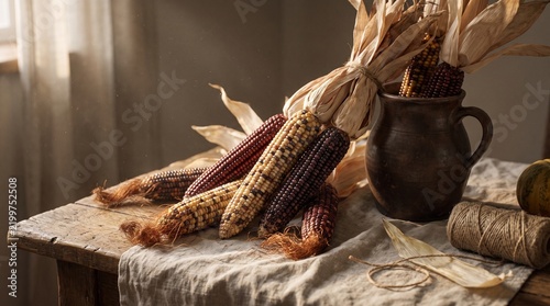 Colorful corn cobs arranged with dried leaves on a rustic table for Corn harvest season