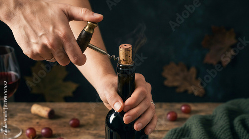 Opening a red wine bottle with a corkscrew and smoke effect - Wine festivals concept