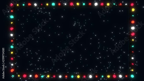 Festive Christmas light border frame background with colorful glowing bokeh and glittering stars on dark backdrop for holiday season
