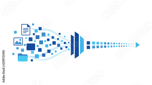 Data filtering and digital information processing concept showing various multimedia files transforming through a funnel into an organized data stream