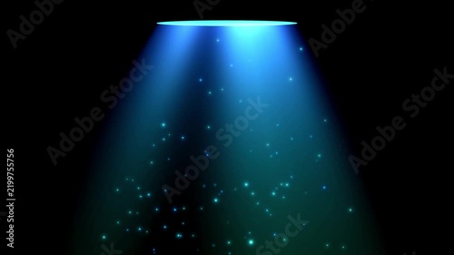 Blue Spotlight Light Beam with Glowing Particles on Black Background, Bright Stage Light Rays for Product Showcase.