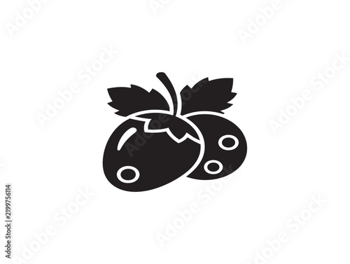 Black silhouette icon of two berries with leaves on a white background