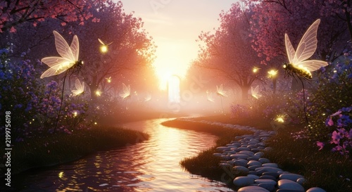 Glowing fairy butterflies flying over fantasy enchanted forest stream with cobblestone path at magical sunrise