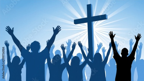 Silhouettes of worshippers raise their hands towards a glowing cross against a radiant sky.