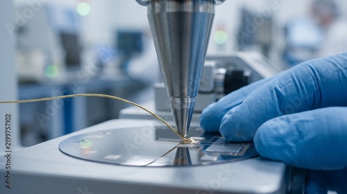 Technician in blue gloves uses precision equipment to connect fine gold wire to a microchip on a wafer Electronics recycling chain