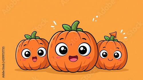 Three friendly cartoon pumpkins with happy faces are shown on an orange background.