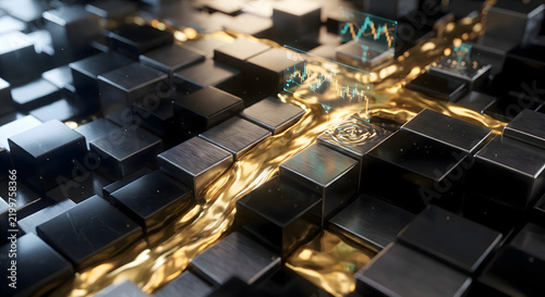 Abstract 3D quantum financial topography with glowing liquid gold and obsidian blocks