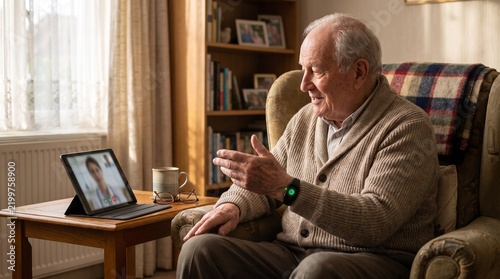 Senior man using telemedicine for medical consultation at home