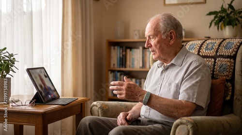 Senior man video calling with tablet and wearable monitor at home