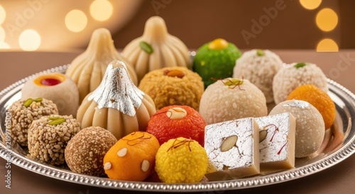 Assorted Indian traditional sweets including modak and laddu arranged on silver platter for festive celebration