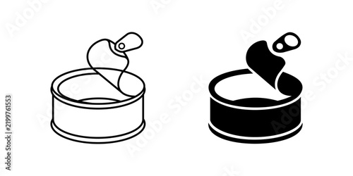 Open metal tuna can icons featuring simple line art style and solid black silhouette shapes presented clearly on transparent background