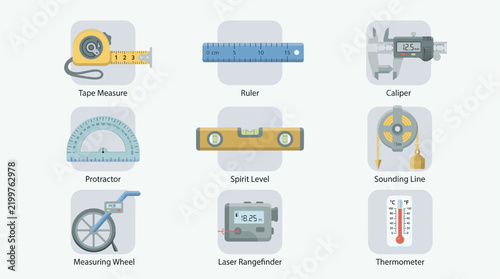 Bild auf Leinwand Flat design icon set of measuring tools: tape measure, ruler, caliper, protracto