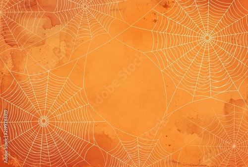 Halloween background with white spider webs on an orange textured surface