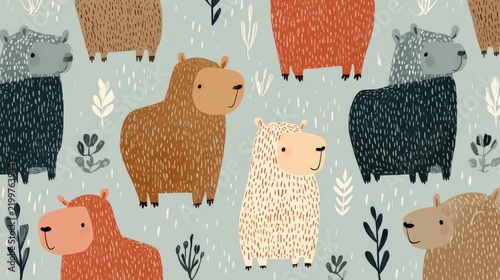 63.Childish pattern with capybara, baby shower greeting card. Animal seamless print