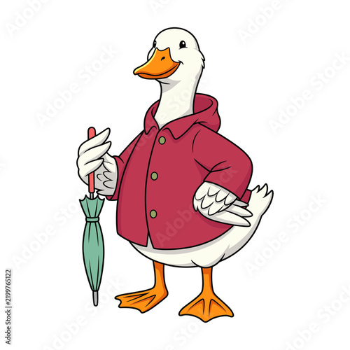 Cartoon duck character in red raincoat holding an umbrella  