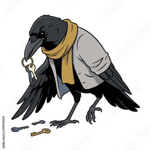 Cartoon raven wearing a scarf and holding keys with its beak  