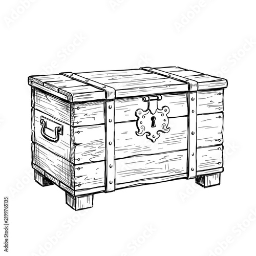 Line Art Illustration of a Rustic Wooden Treasure Chest  