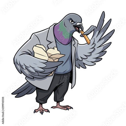 Cartoon pigeon character dressed in a suit holding food  