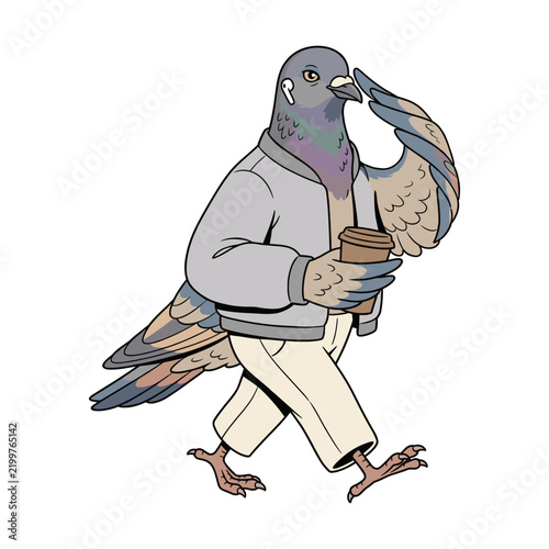 Stylish Pigeon Character Walking with Coffee and Headphones  