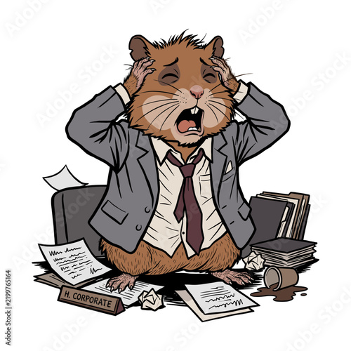 Stressed Hamster in Business Suit Overwhelmed by Paperwork  