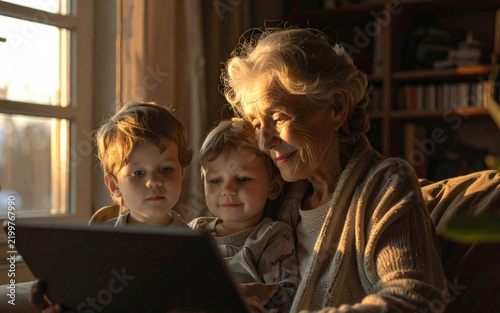 Adulto mayor utilizando una tablet para comunicarse mediante videollamada mientras recibe la cálida luz del atardecer. Concepto de inclusión digital, tecnología accesible, comunicación, familia