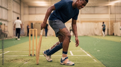A cricket player grimaces in pain while limping between the wickets during an indoor match