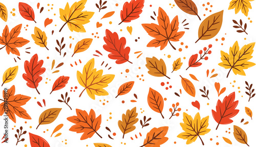 Autumn Leaves Seamless Pattern with Orange Red Yellow and Brown Botanical Foliage