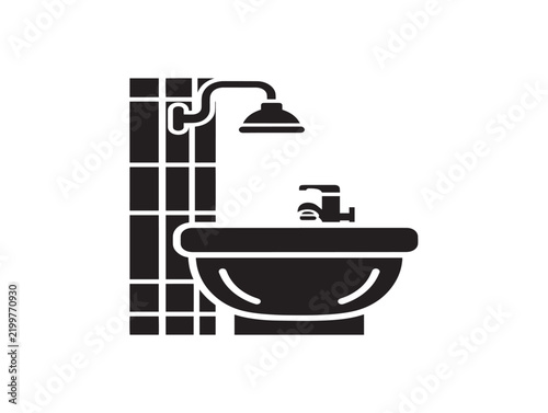 Black silhouette icon of a bathroom sink and shower head on tiled wall